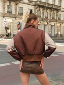 SHEIN 1 件时尚短款加厚风衣夹克，适合青少年女孩，保暖防风，秋冬 - 棕色 - 查看 2