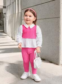 SHEIN Baby Girl Urocza dzianina 2 w 1 w kolorze ze szwem Wywijany kołnierzyk z długim rękawem Top i spodnie z elastyczną talią, na co dzień - Wyrazisty róż - Zobacz 1