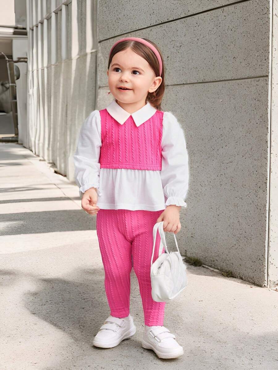 SHEIN Baby Girl Urocza dzianina 2 w 1 w kolorze ze szwem Wywijany kołnierzyk z długim rękawem Top i spodnie z elastyczną talią, na co dzień - Wyrazisty róż - Zobacz 1