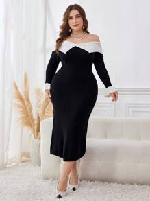 Modelyn Plus Size Color Block Off-Shoulder Elegant Long Sleeve Core-Spun Yarn Sweater Dress Fall Cloth For Women - Black - View 5