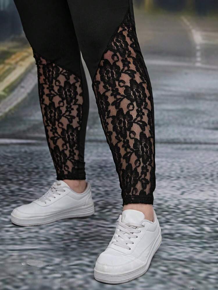 Plus Size Women Solid Color Lace Patchwork Basic Leggings,3-Pack,Fall Clothes