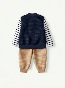 Cozy Pixies 3 件装男婴纯色背心、条纹拼色圆领长袖上衣和裤子套装 - 彩色 - 查看 4