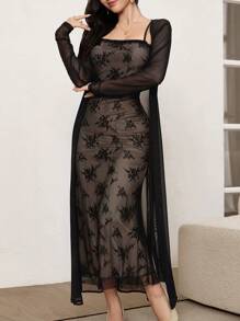 Modelyn 2 件套女士优雅网眼夹克和吊带裙，秋季 2 件套 - 黑色 - 查看 4