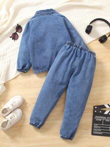 SHEIN Explorewe Bộ 2 áo khoác và quần denim dài tay màu đen giặt axit cho bé trai, thích hợp cho mùa xuân, mùa hè, mùa thu, du lịch, ngày lễ, mặc hàng ngày và trở lại trường, cho Giáng sinh - Rửa nhẹ - Xem 2