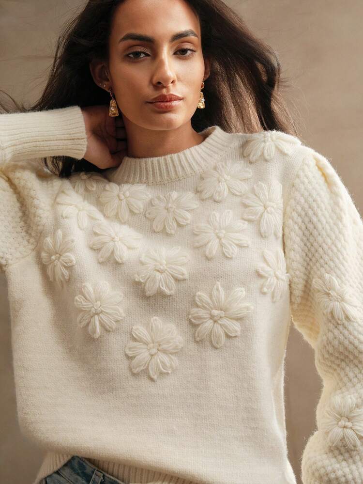 Thick Crochet Floral Knit Long Sleeve Sweater, Casual Workwear, Knit Pullover Fall Winter