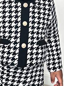 SHEIN 3 件套女婴可爱千鸟格拼布长袖夹克、松紧腰裙、针织背心、秋冬 - 黑與白 - 查看 5