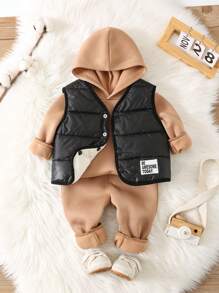 SHEIN Conjunto de 3 piezas para bebé niño: Chaqueta con capucha y chaleco abrigado, y pantalones. Ropa adecuada para otoño, invierno, actividades al aire libre/esquí - Multicolor - Ver 1