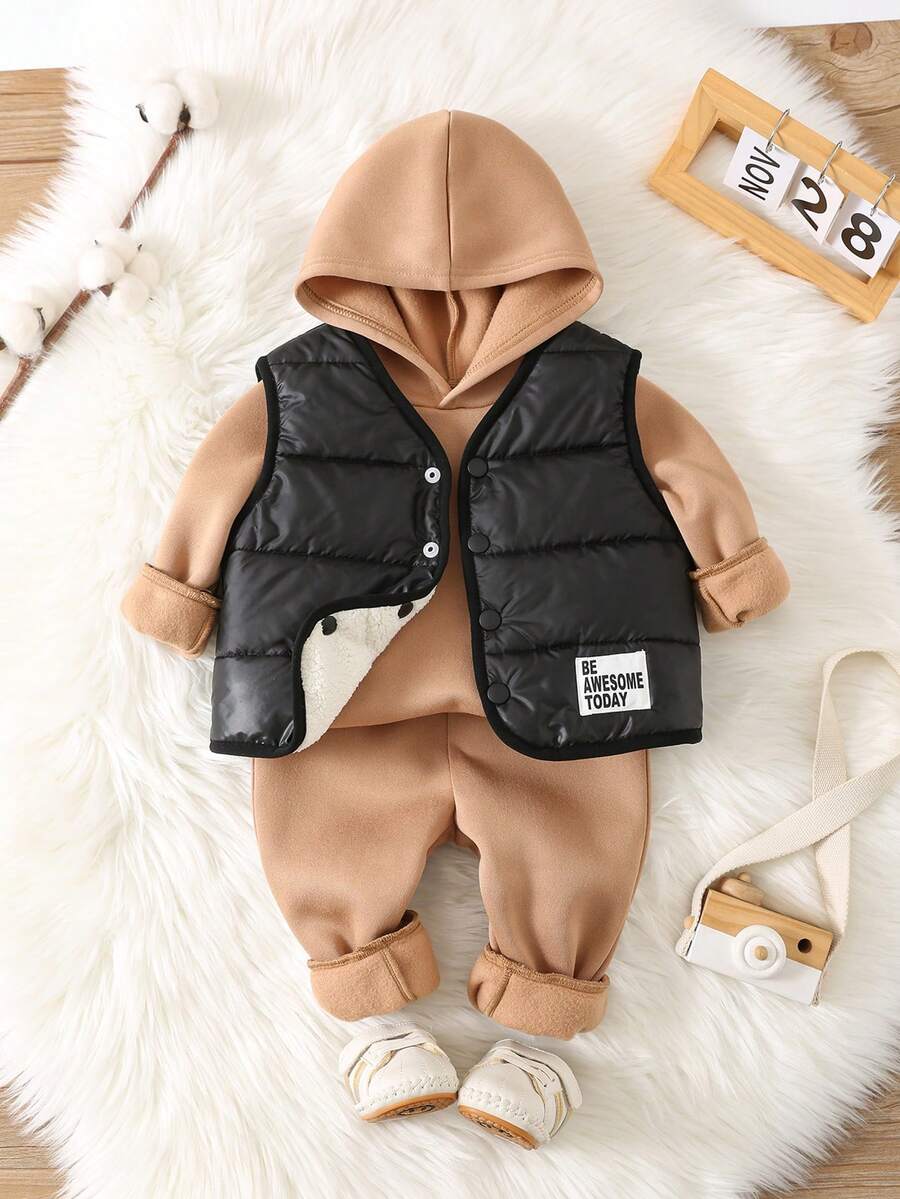 SHEIN Conjunto de 3 piezas para bebé niño: Chaqueta con capucha y chaleco abrigado, y pantalones. Ropa adecuada para otoño, invierno, actividades al aire libre/esquí - Multicolor - Ver 1