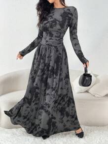 Seusyu 女士扎染印花束腰连衣裙 - 灰色 - 查看 3