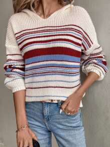 Chiquease Suéter con capucha a rayas de color contrastante para mujer, con aspecto talla grande fashionable y joven, para otoño e invierno - Multicolor - View 1
