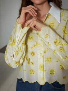 Aveloria Rosie Color Block Shirt, Pointed Collar, Random Sunflower Embroidered, Elegant Design Blouse