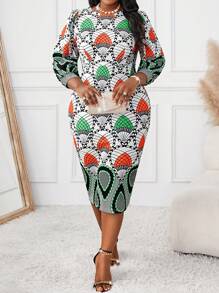 SHEIN Lady Autumn And Winter Elegant Colorful Knitted Round Neck Straight Three Quarter Length Sleeve Plus Size Dresses - Multicolor - View 6