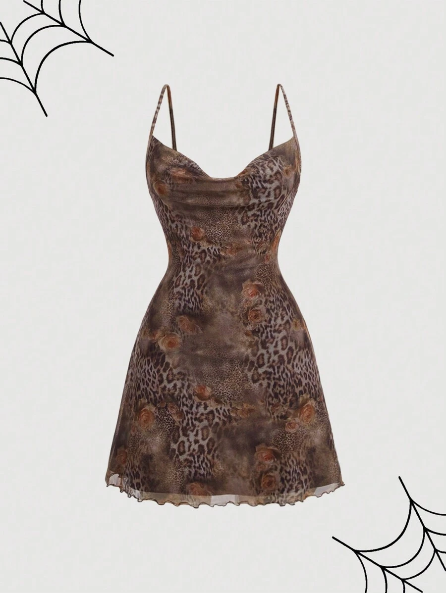 SHEIN MOD 女士豹纹花卉印花垂坠领吊带裙、万圣节女装、狂欢节服装、性感服装、衣服、海滩女装、返校节礼服 - 彩色 - 查看 1