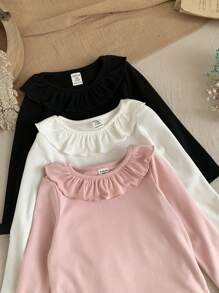 SHEIN LMoss Kids LMoss 3件套新生女宝宝荷叶边领针织连体衣，秋冬季