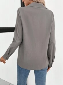 SHEIN LUNE Casual Comfortable Button-Front Long Sleeve Shirt With Pockets, Autumn - Brown - View 2