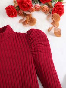 SHEIN Teen Girls High Neck Long Sleeve Ribbed Fitted A-Line Knit Dress, Wine Red, Autumn/Winter, Elegant Occasion Wear