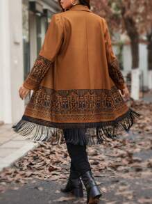 SHEIN LUNE Plus Size Women Geometric Pattern Lapel Collar Fringe Hem Overcoat, Fall Clothes, For Winter Autumn - Brown - View 2
