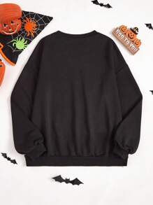 SHEIN Unity 万圣节休闲南瓜印花圆领长袖套头卫衣 - 黑色 - 查看 2