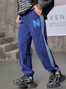 SHEIN Tween Boy Corduroy Casual Letter Embroidered Sweatpants - Navy Blue - View 3