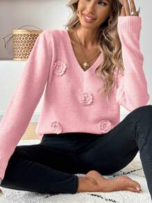 Chiquease Casual V-Neck Pullover Sweater For Women Knit Pullover Fall Winter - Pink - View 3