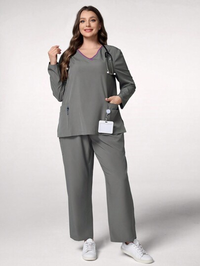 TaskEZ Plus Size Women V-Neck Long Sleeve Pocket Scrub Top And Pants  Uniform Set