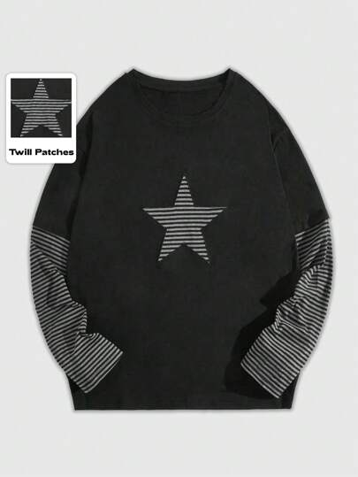 Goth Herren Gestreiftes & Stern Bedrucktes 2-in-1 T-Shirt, Schule, für den Herbst