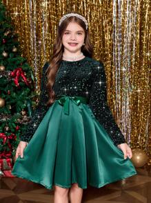 Tween Girl Shiny Contrast Sequin Satin Puff Dress, Green, For Christmas - Green - View 3