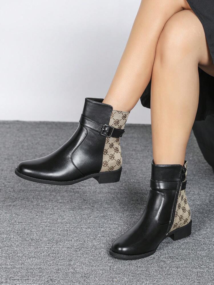 CUCCOO BIZCHIC Fashionable Versatile Women's Ankle Boots, Black Short Boots With Chunky Heels, New Autumn & Winter Side Zipper Buckle Strap Booties With Round Toe & Comfort For Christmas And New Year Holiday
