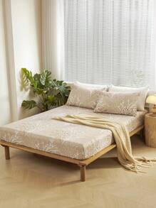 3pcs /Set Khaki Leaf Branch Flower Pattern Fitted Sheet Set Without Filler, Fitted Sheet Set For Bedroom Brushed Microfiber Breathable Comfortable 1pc Mattress Cover With 2pcs Pillowcase, Bed Cover Set King Queen Full Twin SizeFitted Sheet Set For Bedroom Brushed Microfiber Breathable Comfortable Sheet Bedspread Deep Pocket Up To 11.8 Inch Breathable Wrinkle-Free Better For Sleep, Machine Washable Domitory Bedding Back School Bedding - Khaki - View 2