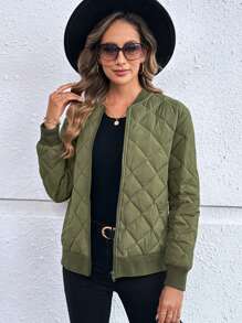 EMERY ROSE Women's Solid Color Long Sleeve Zip Front Baseball Collar Casual Down& Feathers Jacket - Army Green - View 5