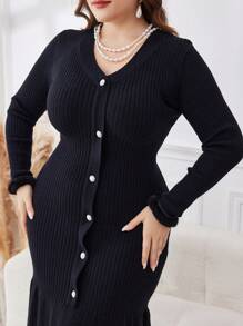 Modelyn Plus Size Women V-Neck Flowy Hem Sweater Dress