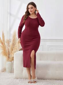 Modelyn Vestido de punto de manga larga elegante de unicolor burdeos con cuello asimétrico y bajo con abertura para tallas grandes - Burdeos - Ver 3