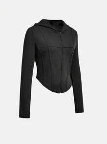 SHEIN Girlism جاكيت رياضية كاجوال قصيرة مزودة بسوستة وكابوشون مُحاكة للفتيات المراهقات - الأسود - مشاهدة 3