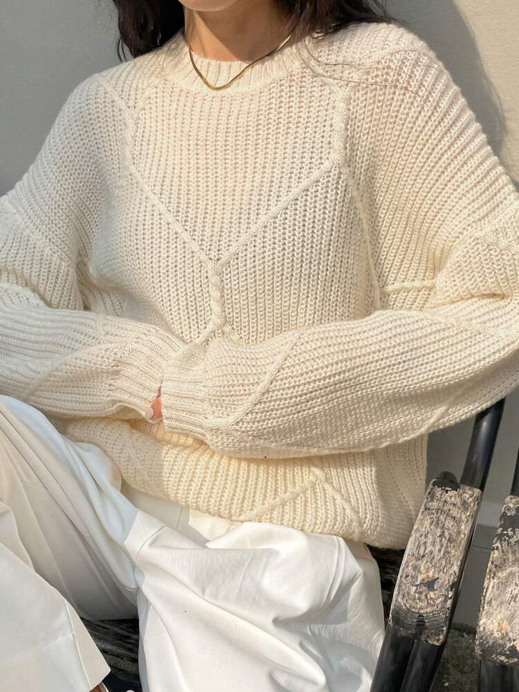 Women's Loose Fit Round Neck Solid Color Plaid Textured Sweater Fall