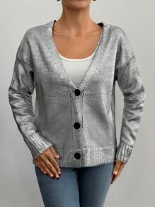 EURMUSE Áo len cardigan cổ chữ V rộng rãi màu trơn một hàng khuy đơn cho nữ - Xám - Xem 3
