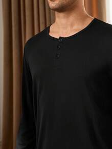 2pcs Men's Solid Color Crew Neck Long Sleeve Top And Pants Casual Pajamas Set, Fall Winter Clothes - Black - View 4