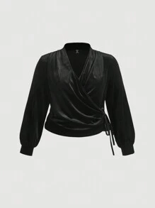 SHEIN MOD Plus Size Velvet Wrap V-Neck Straight Leg Pants Suit, 2pcs Set - Black - View 5