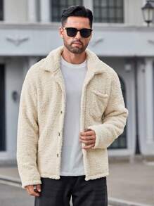 Manfinity VCAY Men's Slim Fit Knit Casual Long Sleeve Collar Cardigian Jacket With Thermal Lined, Suitable For Autumn & Winter - Beige - View 4