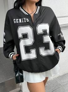 SHEIN EZwear 23 Number Print Loose Fit Plus Size Jacket Winter Fall Autumn