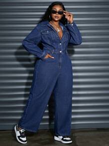 SHEIN SXY Plus Size Women's Fall Long Sleeve Pocketed Loose Wide Leg Casual Denim Jumpsuit