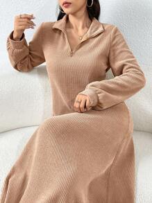 Mulvari 女士纯色拉链半高领宽松直筒休闲朴素长袖长袍连衣裙 - 駝色 - 查看 1