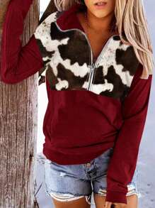 INAWLY Áo sweatshirt nữ tay dài phối họa tiết bò sữa tương phản, kiểu dáng thường ngày, thích hợp mặc mùa thu đông. - Màu Đỏ Sâu - Xem 3