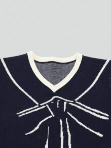 少女撞色镶边水手领 V 领优雅长袖连衣裙 - 藏蓝色 - 查看 6