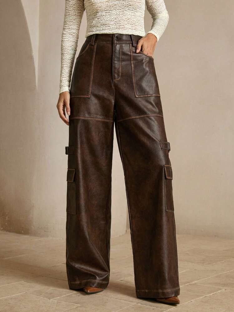 Pantalones rectos de piel de ante elegantes y de moda con bolsillos, apropiados para otoño, invierno, verano, primavera, Año Nuevo, fiestas, bodas, para mujeres altas