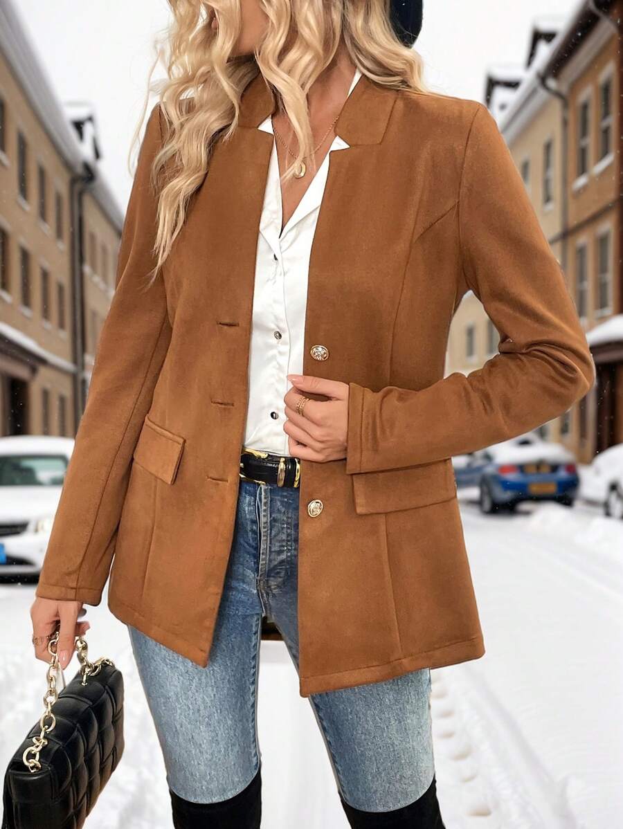 SHEIN Clasi Women's Solid Color Long Sleeve Single-Breasted Casual Jacket, Spring/Autumn Fall Cloth For Women - Chocolate Brown - View 1