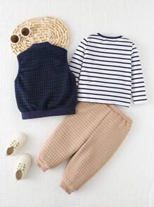 Cozy Pixies 3 件装男婴纯色背心、条纹拼色圆领长袖上衣和裤子套装 - 彩色 - 查看 2