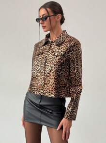 Aloruh 女士休闲翻领豹纹前扣长袖夹克，秋季秋季女装豹纹服装万圣节风俗女式长袖女式夹克万圣节服装性感万圣节服装万圣节服装女式服装女式紧身皮夹克演唱会服装豹纹夹克棕色冬季女装秋季女装圣诞女装秋季女装飞行员夹克短款皮夹克冬季女式夹克 - 卡其色 - 查看 6