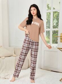 Teen Girl New Simple Top With Letter Print, Plaid Digital Print Pants, Casual Home Two Pieces Set