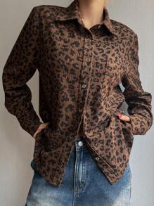DAZY 豹纹宽松翻领长袖女式衬衫 - 棕色 - 查看 8