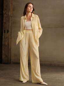 Anewsta 2 件套女士现代休闲通勤菱形条纹衬衫和裤子套装 - 黃色 - 查看 7